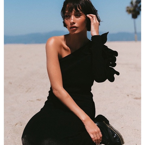 one shoulder frill midi dress